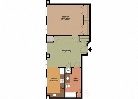 Floor plan for 1 bed, 1 bath, 770 sqft